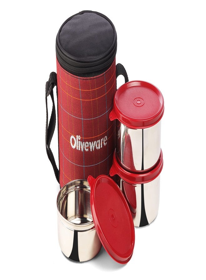 SOPL-OLIVEWARE علبة غداء SOPL-OLIVEWARE Absolute، مانعة للتسرب بنسبة 100%، 3 حاويات من الفولاذ المقاوم للصدأ مع أغطية خالية من مادة BPA (2 × 600 مل و 450 مل)، حقيبة قماشية (حمراء) - Image 1